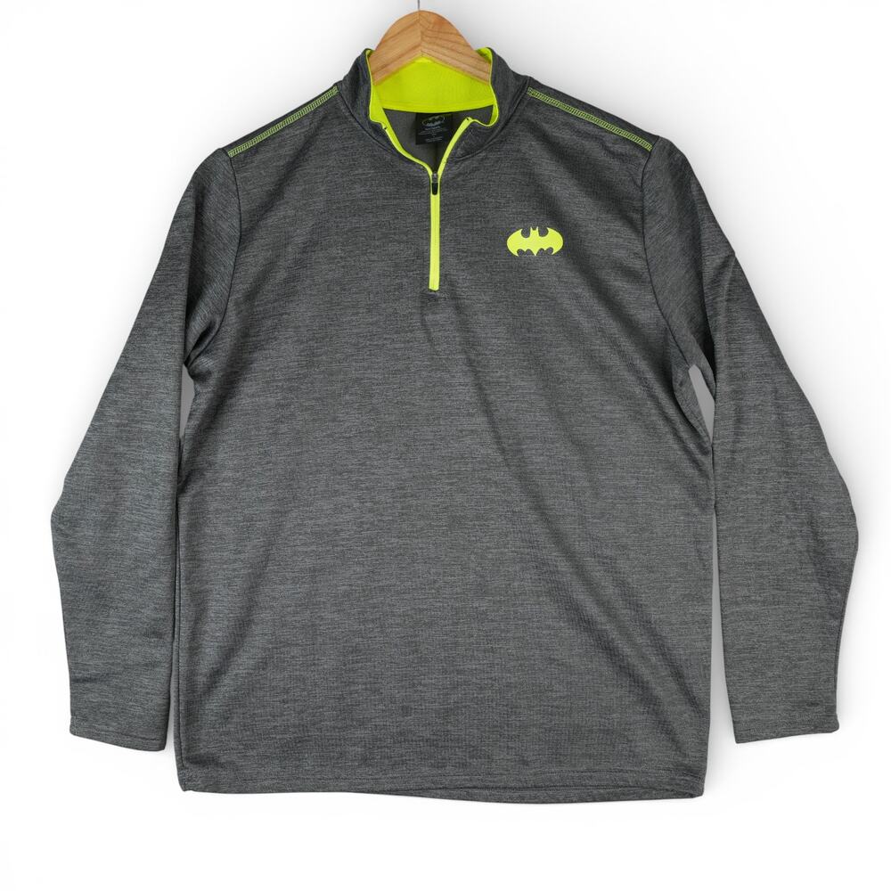 Batman Quarter Zip Pullover‎ Mens L Gray Neon Green Fleece DC Comics Athleisure